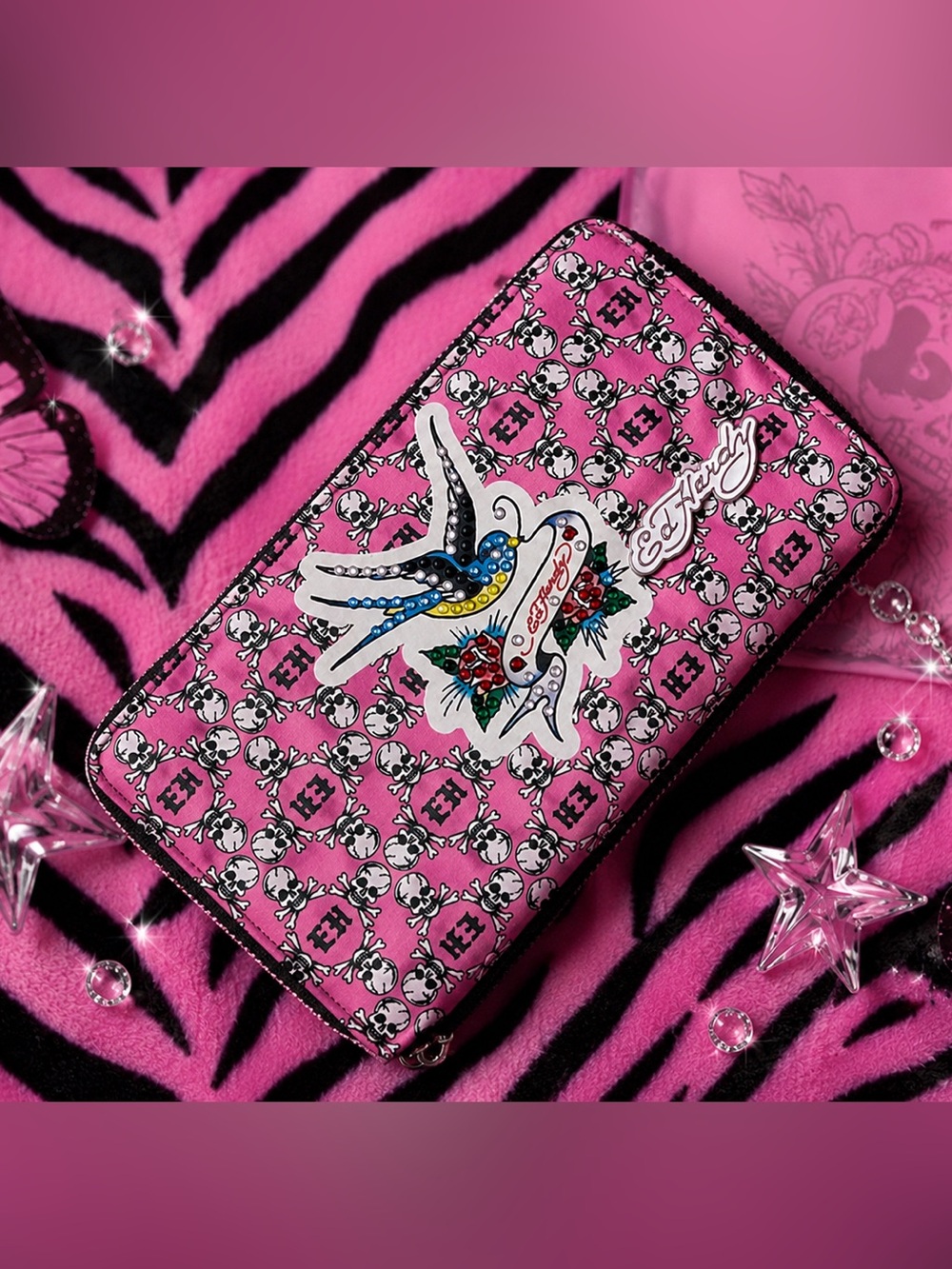 Ed Hardy Pink Skull Swallow Zip Around Wallet NWT Y2K Tattoo Print